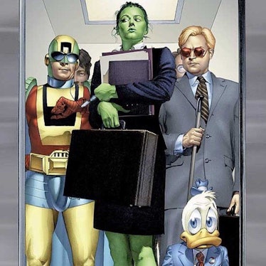She-Hulk, Matt Murdock, Howard the Duck in an elevator