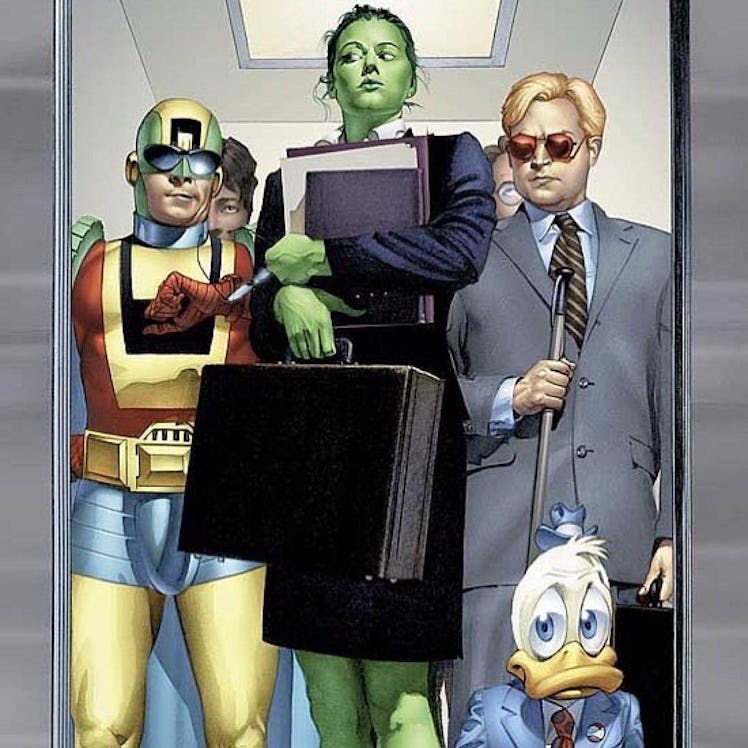She-Hulk, Matt Murdock, Howard the Duck in an elevator