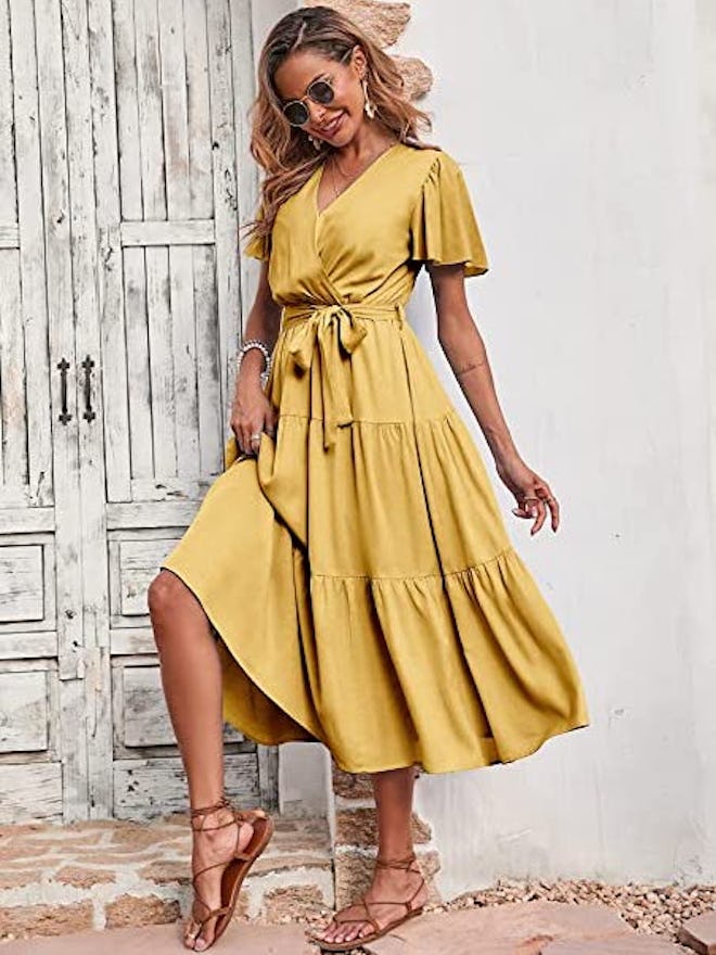PRETTYGARDEN Tie-Waist Tiered Midi Dress
