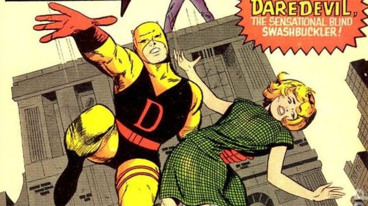Daredevil in a yellow-and-maroon body suit 