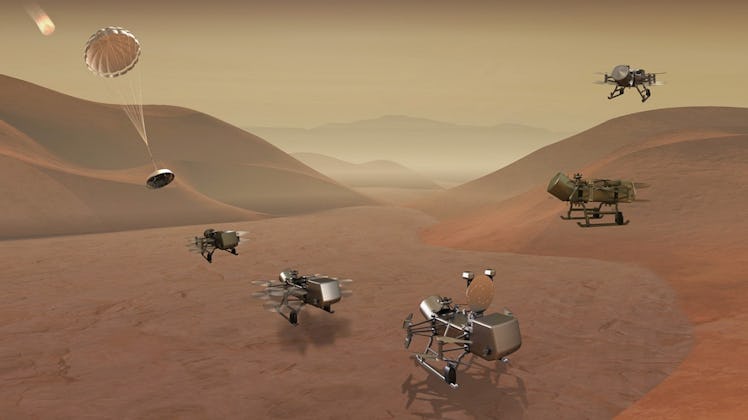 color image of a rover landing with a parachute and taking off with rotors