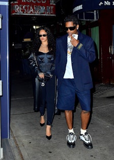 Rihanna and ASAP Rocky leaving a restaurant, Rihanna wearing a cone bra
