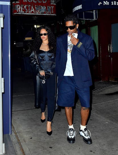 Rihanna and ASAP Rocky leaving a restaurant, Rihanna wearing a cone bra