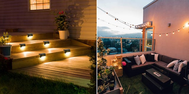 Wooden patio stairs with a couple of plants on them lit up at night