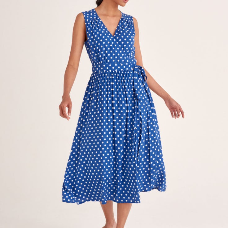 Sleeveless Wrap Dress in Blue and White