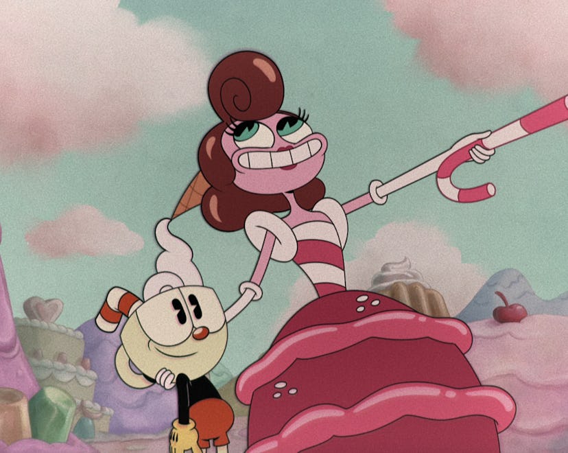 Cuphead and Baroness von Bon Bon in The Cuphead Show, coming to Netflix August 2022.