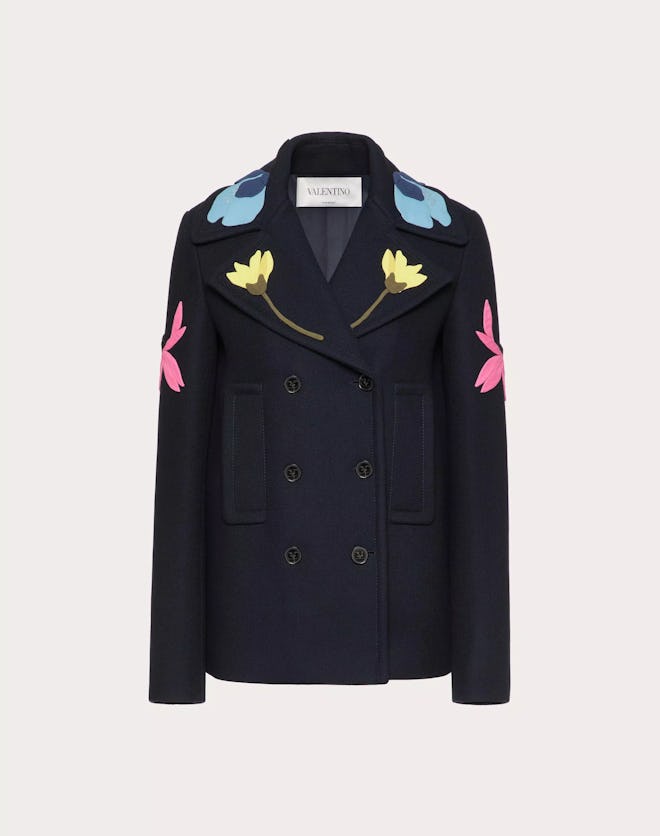 Valentino Pea Coat in Embroidered Diagonal Double Wool 