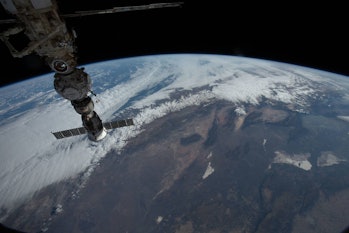 The International Space Station orbiting 267 miles above central Argentina. The curve of the Earth i...