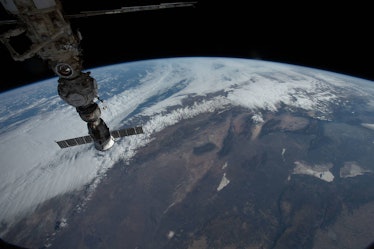 The International Space Station orbiting 267 miles above central Argentina. The curve of the Earth i...