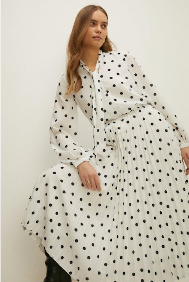 Spot Pussybow Pleated Midi Dress