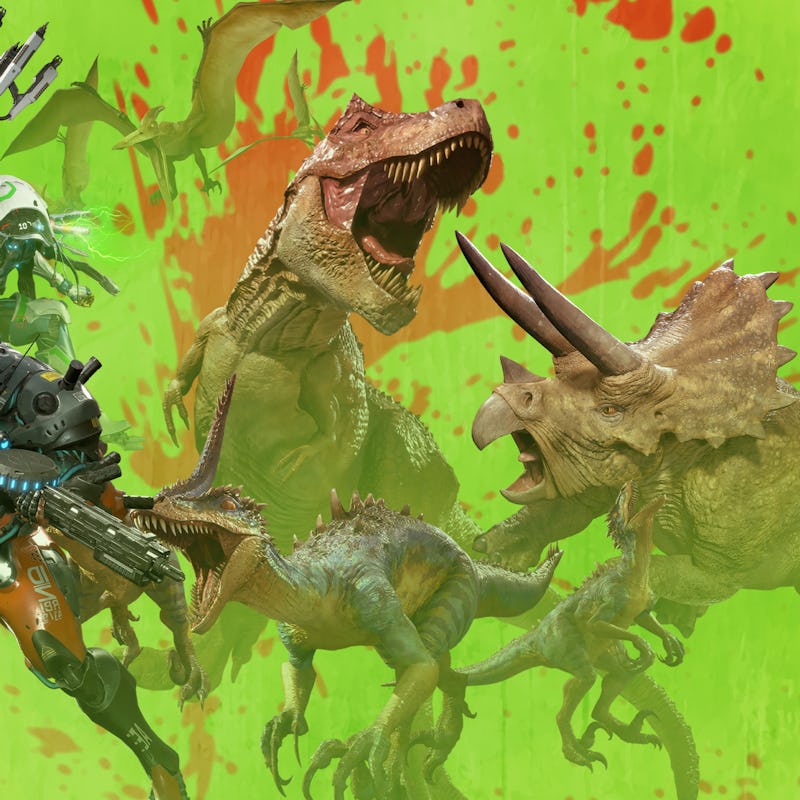 artwork of exosuits and dinosaurs from Exoprimal game