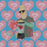 Illustration of Eve 6's Max Collins with hearts and question marks background