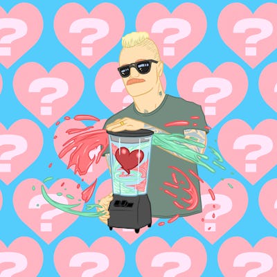 Illustration of Eve 6's Max Collins with hearts and question marks background