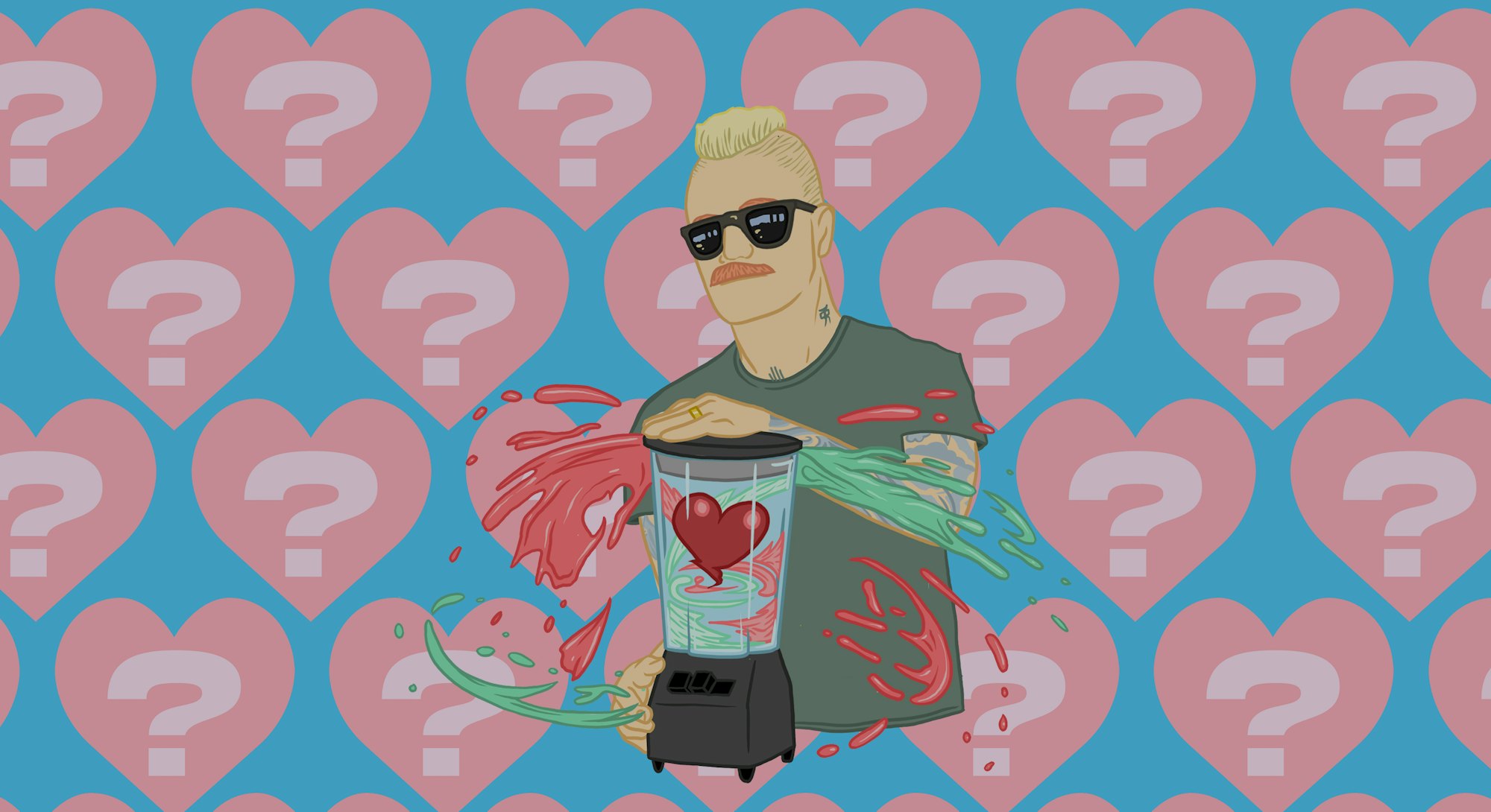 Illustration of Eve 6's Max Collins with hearts and question marks background