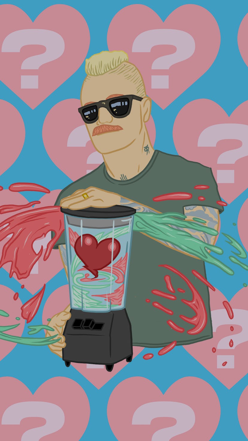 Illustration of Eve 6's Max Collins with hearts and question marks background