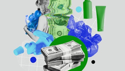 An abstract collage with dollar bills, plastic bags and bottles, representing low-waste livin