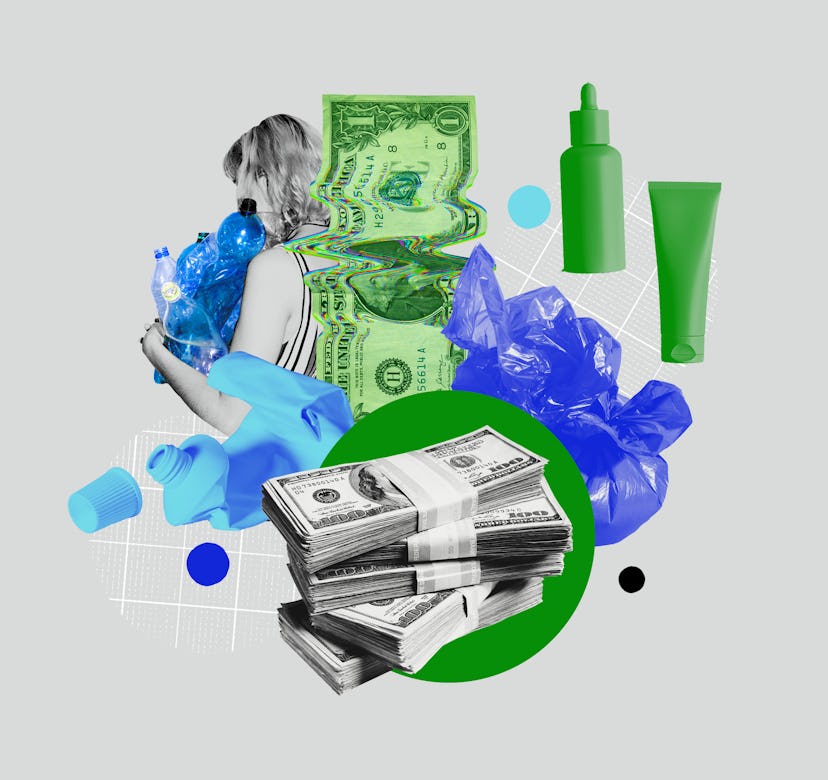 An abstract collage with dollar bills, plastic bags and bottles, representing low-waste livin