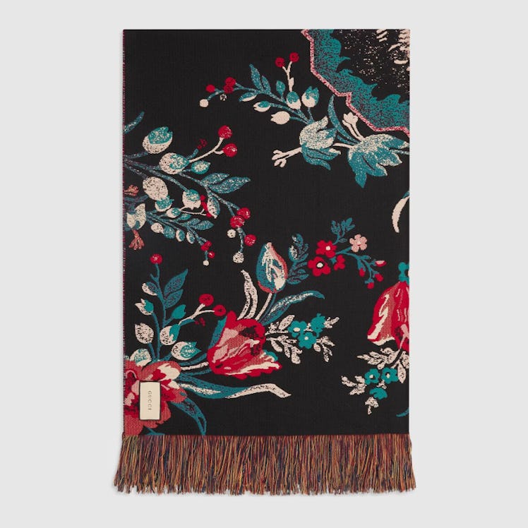 Floral Jacquard Wool Blanket with Lion