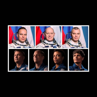 The current crew on the International Space Station. From left to right, top: Cosmonauts Sergey Kors...