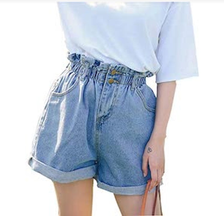 Plaid&Plain High-Waisted Denim Shorts