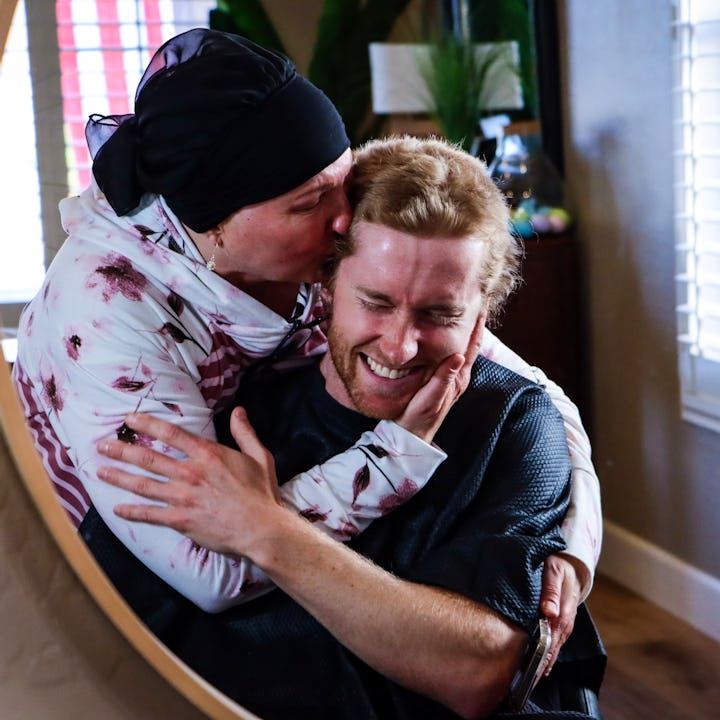 Melanie Shaha hugging and kissing her son Matt Shaha, who grew out and cut his hair to make a wig fo...