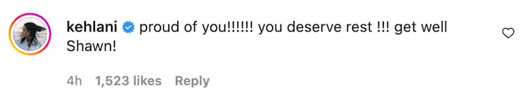 Screenshot of Kehlani's comment on Shawn Mendes' July 27 Instagram post.