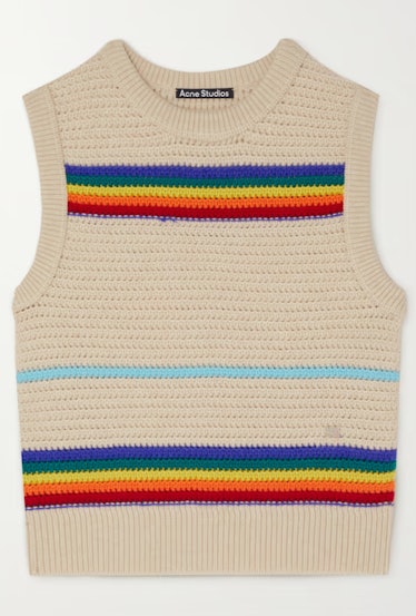 Appliquéd Striped Crochet-Knit Wool Vest