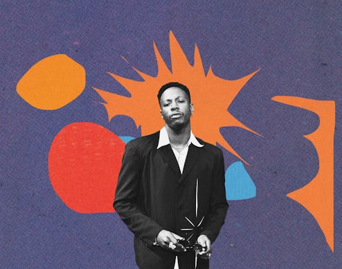 Joey Badass in a a white shirt and black blazer with a purple, orange and red abstract collage backg...