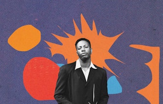 Joey Badass in a a white shirt and black blazer with a purple, orange and red abstract collage backg...