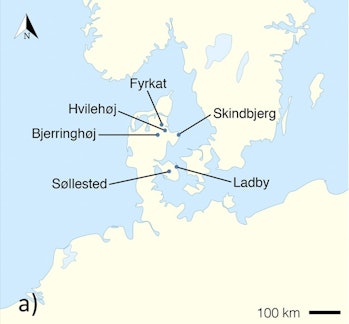 A map of the six gravesites that fur samples came from in Denmark