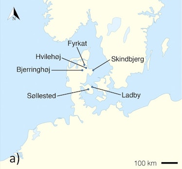 A map of the six gravesites that fur samples came from in Denmark