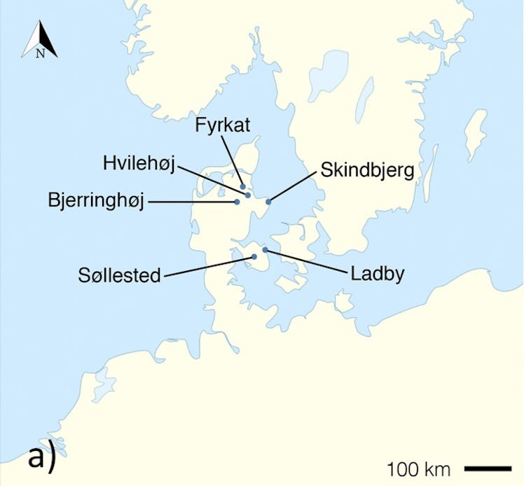 A map of the six gravesites that fur samples came from in Denmark
