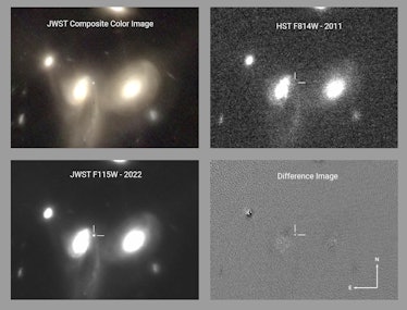 3 images of 3 galaxies in space, and 1 image showing differences between them.