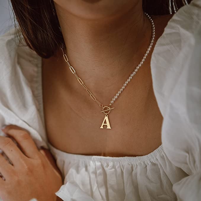 Yoosteel Gold Initial Pearl Necklace