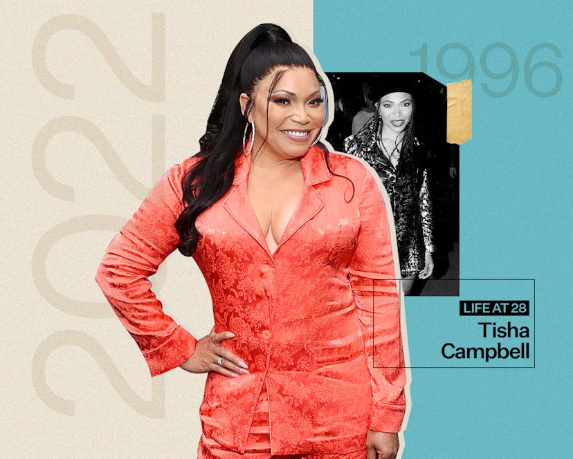 Tisha Campbell in a light red mini dress