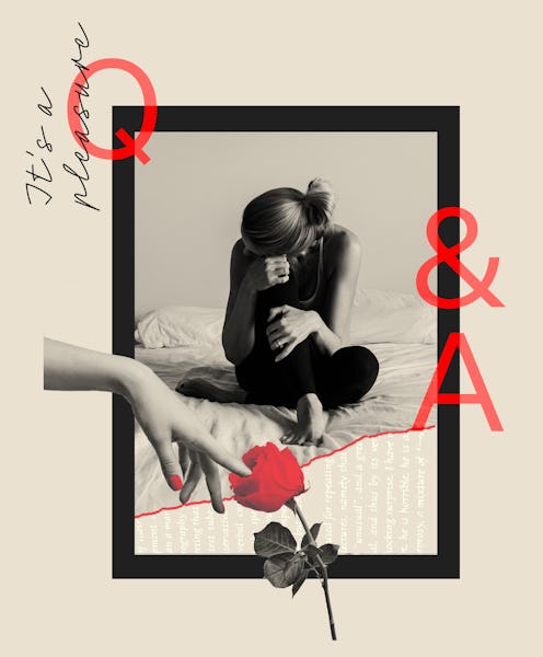 A woman sitting on her bed with her head resting on her knee within the it's a pleasure border