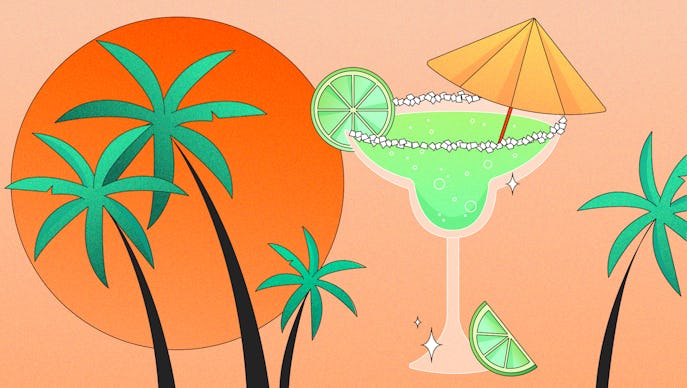 A green cocktail next to a sun and palm trees.