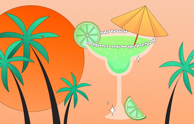 A green cocktail next to a sun and palm trees.