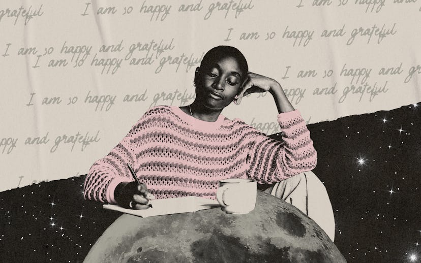 A woman rests her head on her hand, sitting atop a moon against a starry sky, with repeated text "I ...