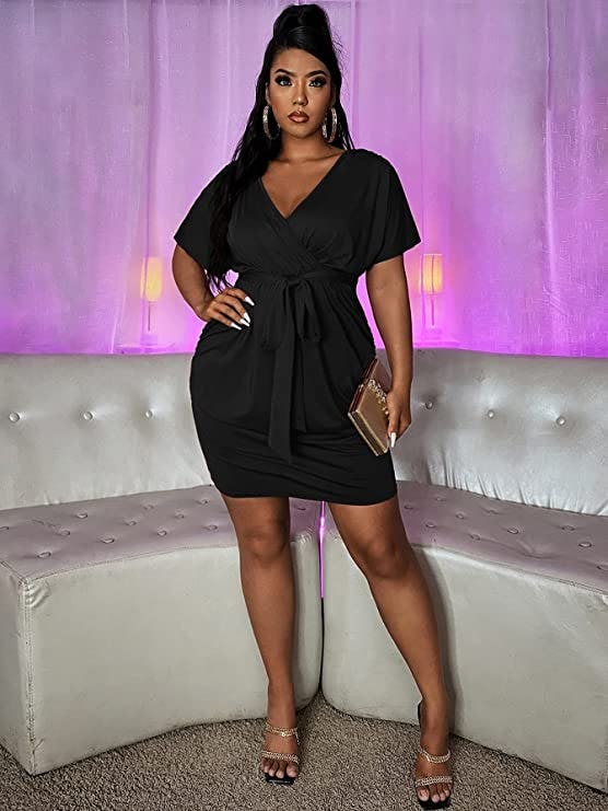 Romwe Short Sleeve Surplice Deep V Belted Ruched Mini Dress