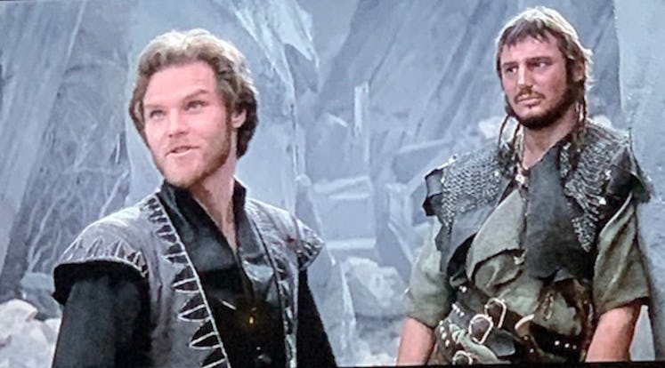 Kenneth Marshall and Liam Neeson in Krull.