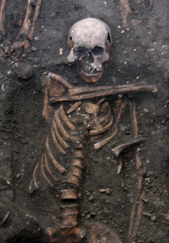 A half-uncovered skeleton in the mud.