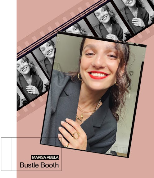 A collage of Marisa Abela's selfie with a red lip and a big smile and the same photo of her in black...