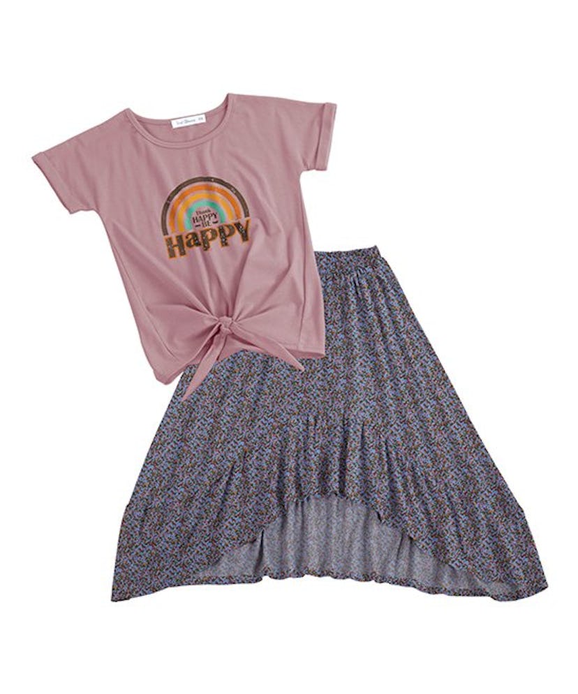 Pink 'Think Happy' Knot-Front Tee & Blue Floral Hi-Low Skirt