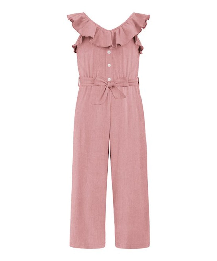 Pink Ruffle-Accent Bow-Belt Jumpsuit