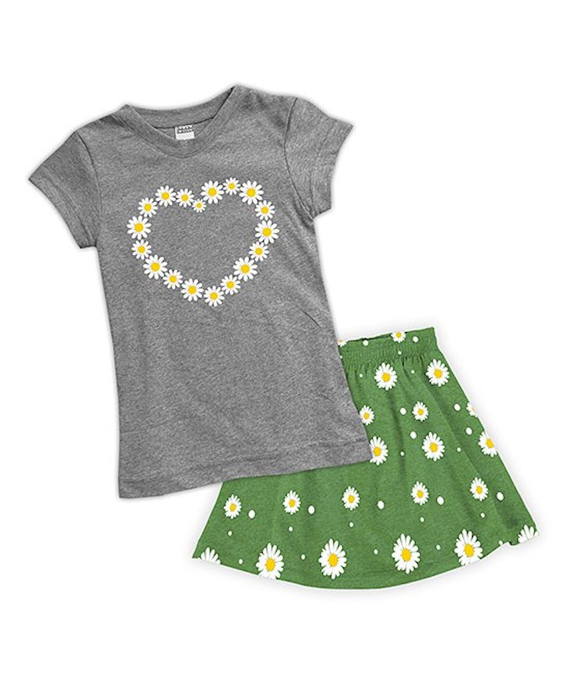 Heather Gray Daisy Heart Fitted Tee & Green Daisy A-Line Skirt