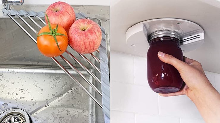 Collage of a fruit stand on a sink and a can opener