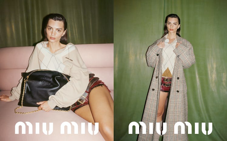 Emily Ratajkowski wearing short shorts in a Miu Miu campaign