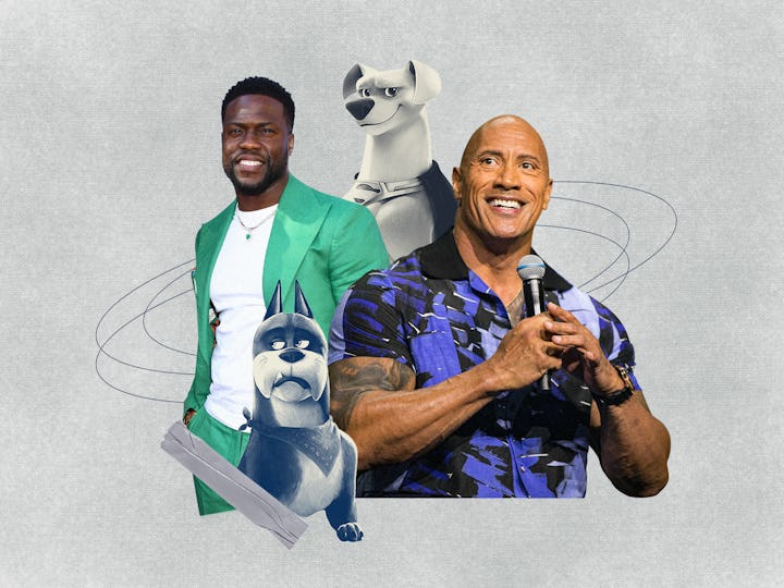 Kevin Hart and The Rock are next to their characters from DCs Super Pets movie.