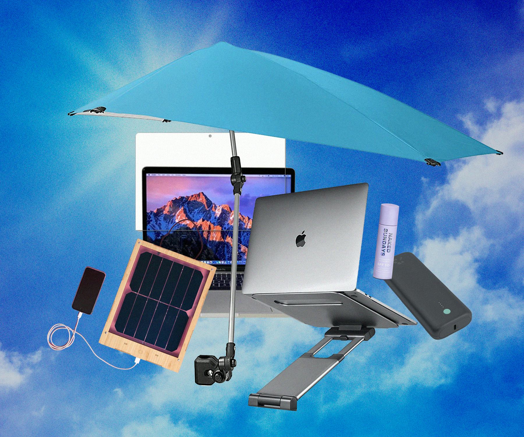 A collage with the products that will help you work outside without cursing the sun